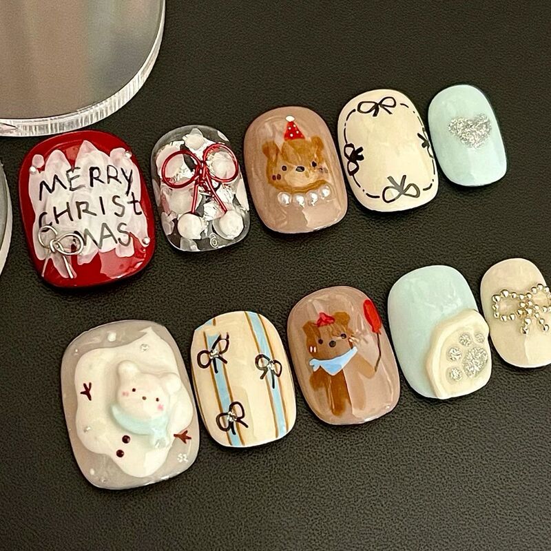 Christmas Bear Cute Ins Xiaohongshu Popular Wearable Nail Girl Heart Semi-Handmade Stereo Bear Nail Patch