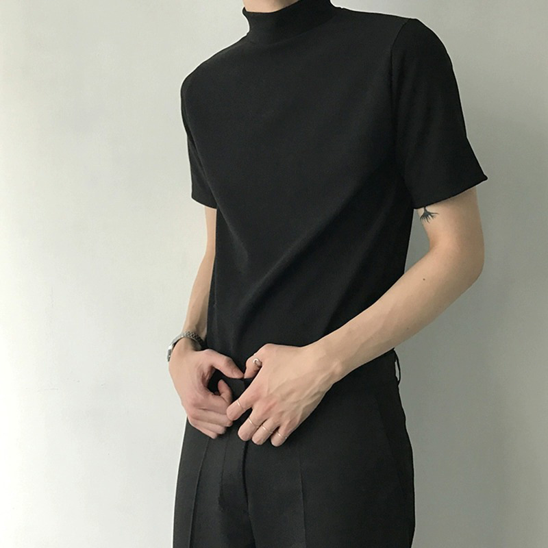 2024 년 여름 새로운 반팔 티셔츠 남성용 슈퍼 인기 느슨한 반 높이 칼라 아이스 느낌 반소매 기본층 셔츠 트렌디 탑