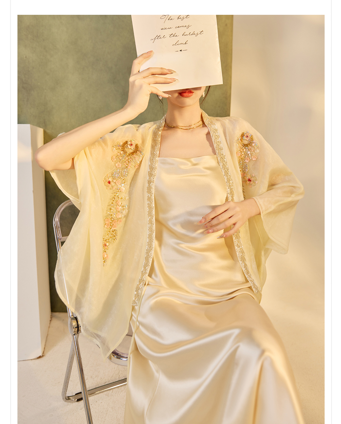 Áo cardigan nữ dáng rộng Tencel thêu hạt phong cách Trung Hoa — hồng, mơ chi tiết 10