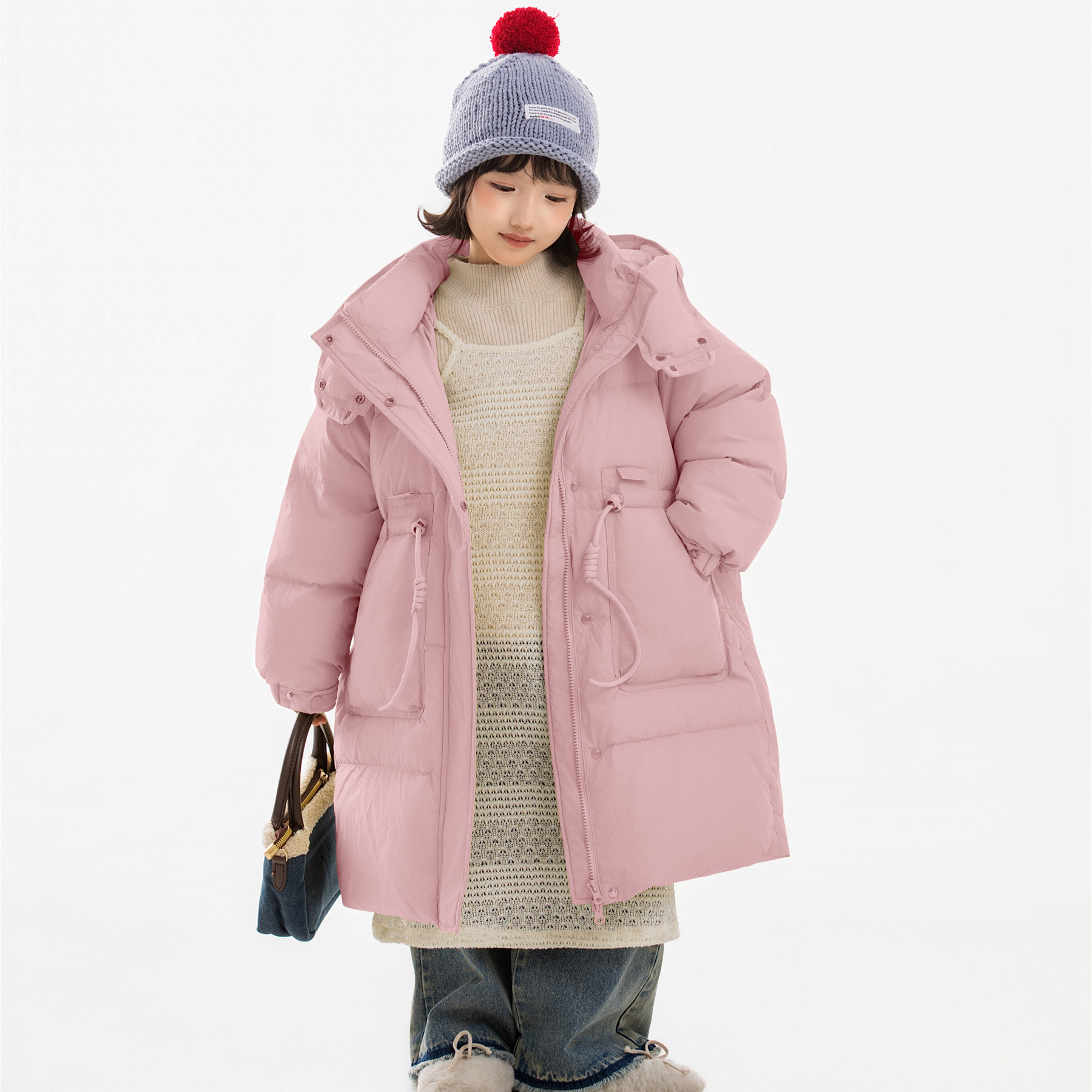 Children's long down jacket, over-the-knee, new winter style, for girls, medium and large children, extra thick and warm, made of 90% white duck down.