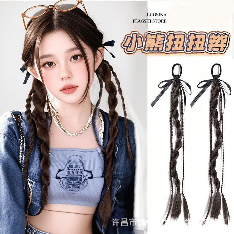 【Cute Little Bear Double Braids】Wig Braids College Style Ribbon Twist Braids Natural Realistic Double Ponytail Wig