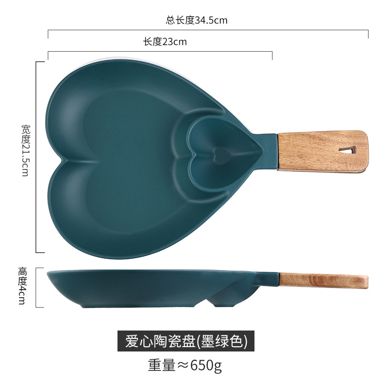 Placa de bola de masa de cerámica hogar Placa de desayuno con plato de vinagre plato de comida occidental Placa de merienda bandeja de cerámica mango de madera