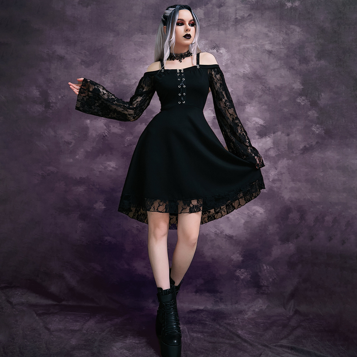 Women's Princess Dress Gothic Boat Neck Patchwork Long Sleeve Solid Color Above Knee Party display picture 1