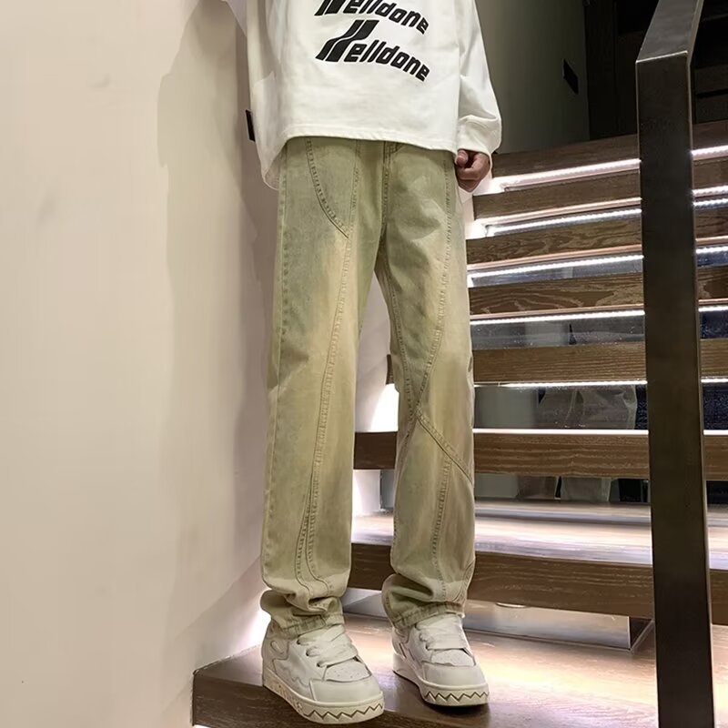 Pantalones retro estadounidenses, jeans teñidos de barro amarillo lavados de la marca de moda de la calle alta, jeans rectos delgados para hombres