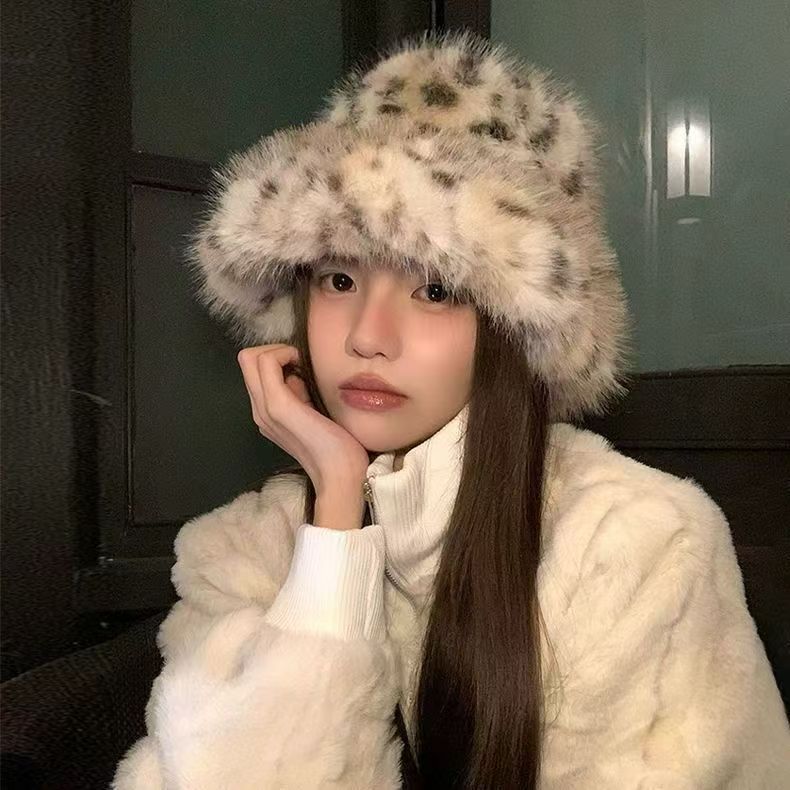 Cappello da pescatore coreano Ins Blogger Fever, stesso stile, autunno inverno, nuovo modello leopardato, in peluche, che snellisce il viso_voghion.com