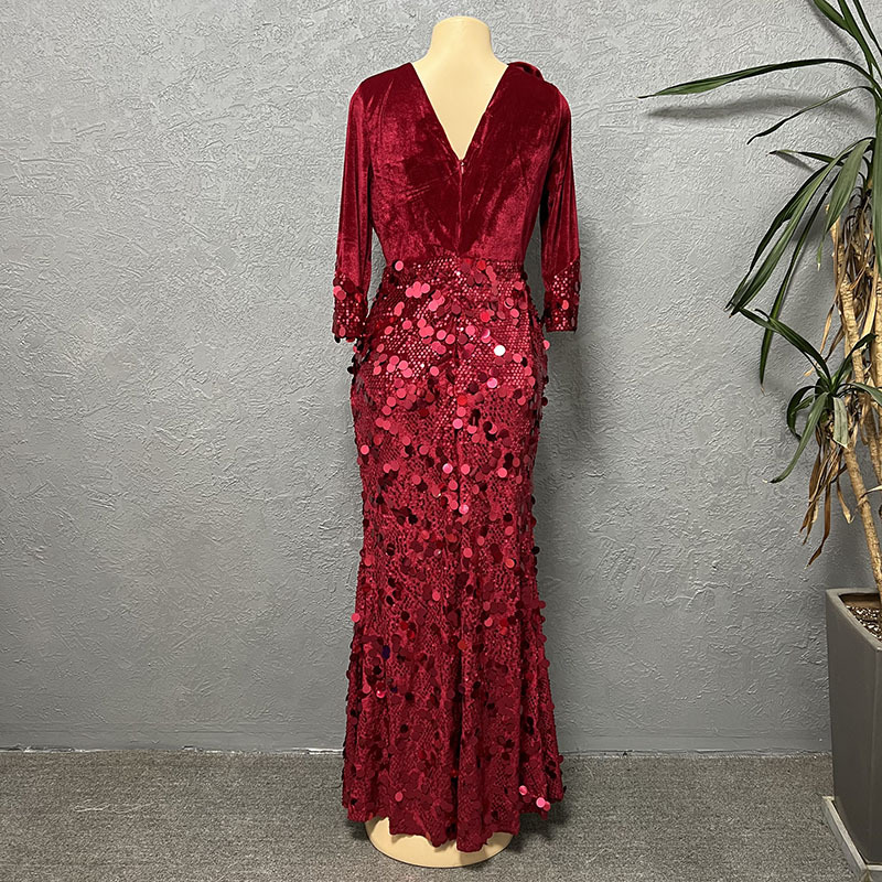 Damenbekleidung Mode schlanke Samt Pailletten Abendkleid Kleid_voghion.com