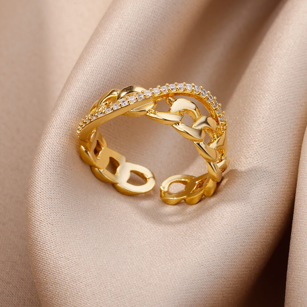 越境売れ筋 18K ゴールドメッキフルダイヤモンドチタン鋼色褪せないオープンリング女性用ジルコンリーフリング女性用ハイエンド