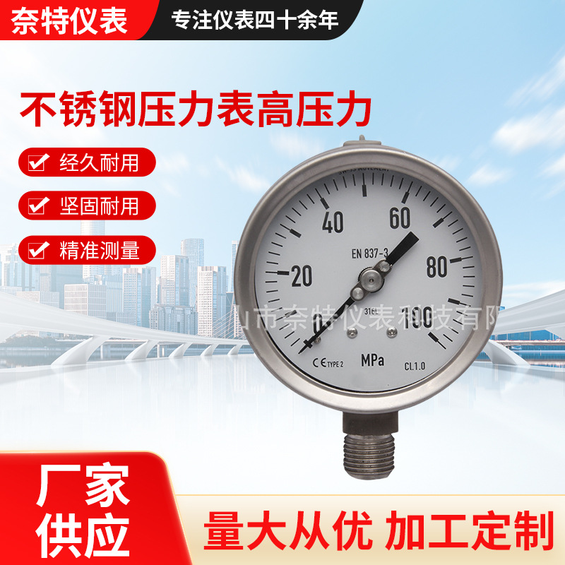 不锈钢压力表高压力0-100MPa 激光焊接 直径100mm 仿进口维卡样式