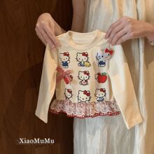 女童洋气秋装长袖上衣2025新款小童女宝宝卡通圆领拼接花边打底衫