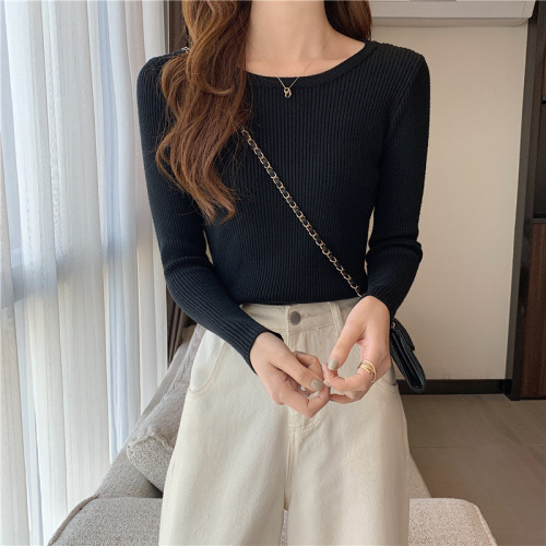 Women's winter and autumn sweater inner layer crew neck ribbed design fashionable and trendy long sleeve knitted top