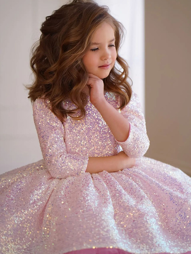 Kinderkleidung rosa Mädchen Prinzessin Kleid neuen Stil Mädchen Langarm Pailletten Geburtstag Weihnachten Kinder Kleid_voghion.com