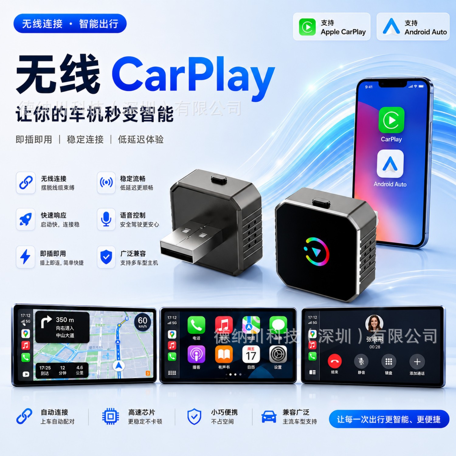 Car-mounted wired to wireless CarPlay box 2-in-1 adapter for Apple and Android Auto car connectivity box