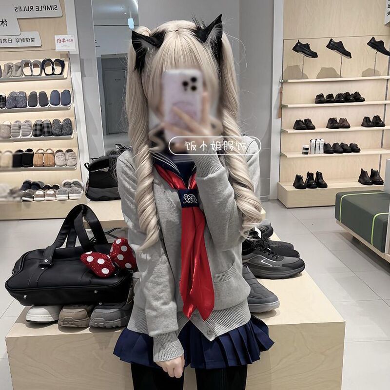School-Style Jk Uniform Knitwear V-Neck Solid Color Cardigan Long-Sleeve Sweater Jacket Sailor Suit Basic Short Skirt for Women