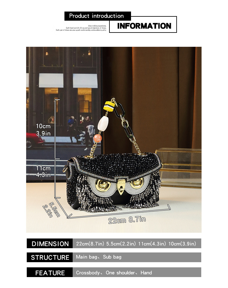 Borsa a mano da donna a forma di gufo con strass e nappe, resistente, a tracolla, piccola borsa quadrata, lusso di nicchia accessibile_voghion.com