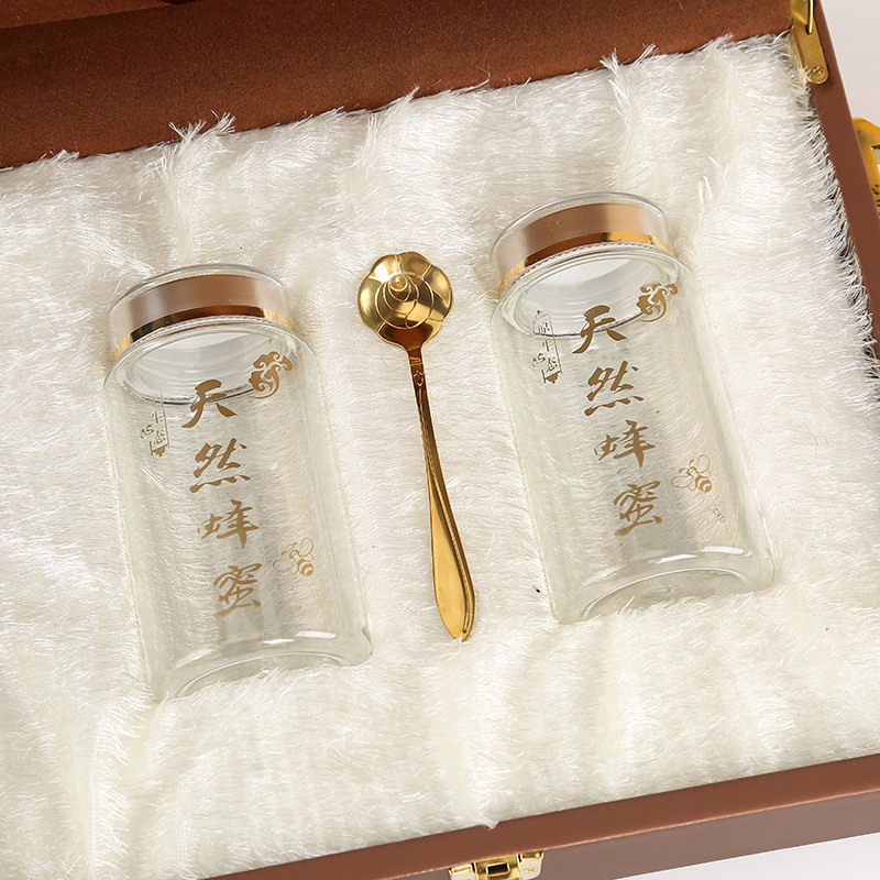 携帯用蜂蜜ギフトボックス包装、金箔押しつや消し革箱、二本入り、1.0kg種類の薬草、野生特産品、ビジネスギフトボックス|undefined