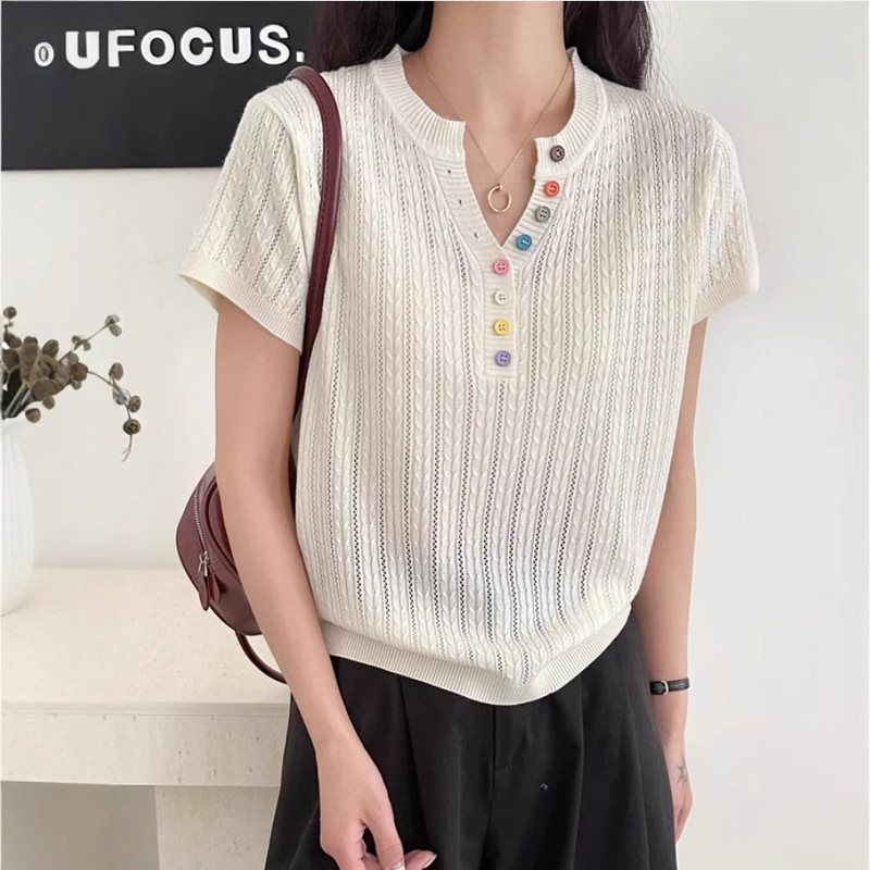 Colorful Button Knit Short-Sleeve T-Shirt for Women 2026 New Summer Loose Slimming Hollow-Out Base Shirt Top for Outerwear