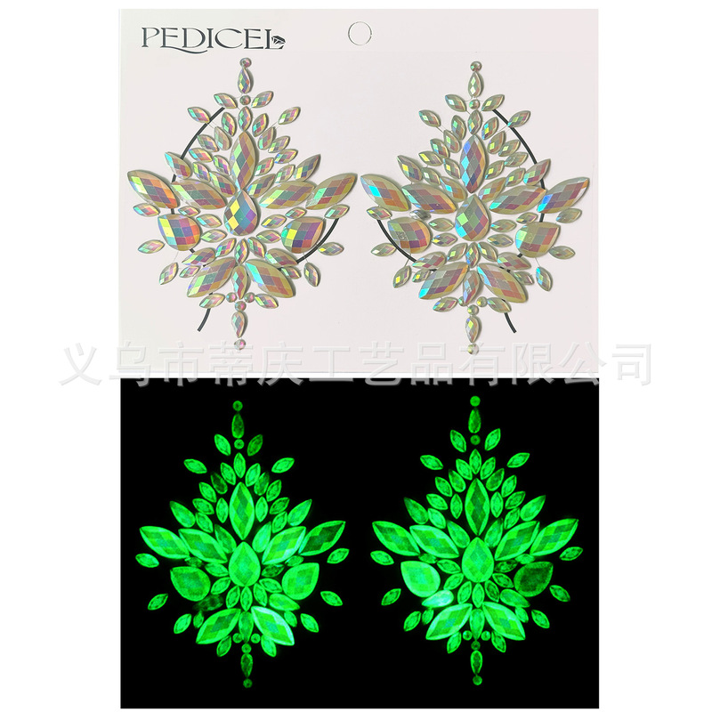 Cross-Border Ready-Made Chest Stickers, Luminous Tattoo Stickers, Luminous Face Stickers, Glitter Paper Diamond Nipple Stickers, Creative Craft Stickers with Rhinestones
