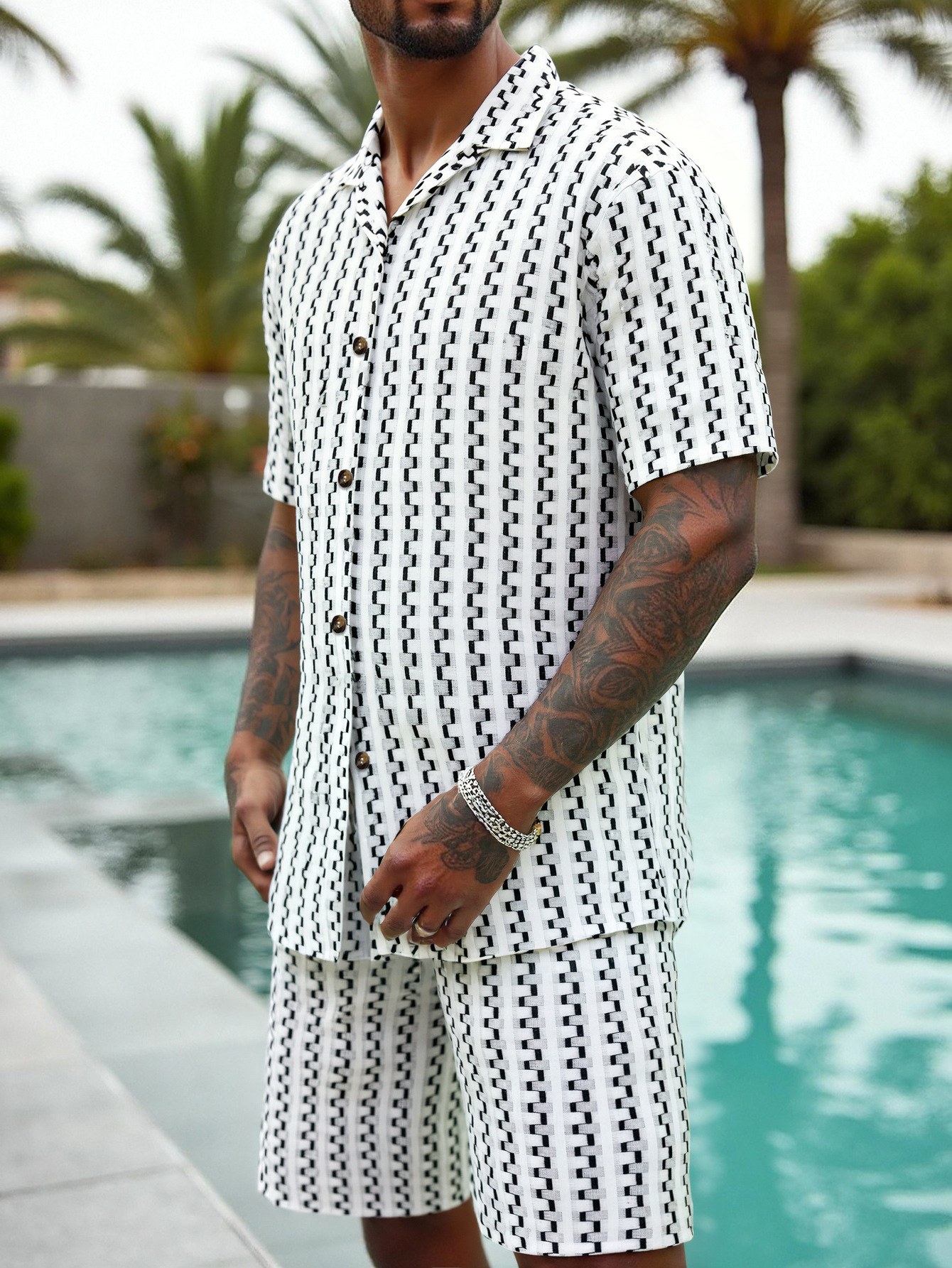 Ensemble deux pièces pour homme chemise rayée et short décontracté_voghion.com