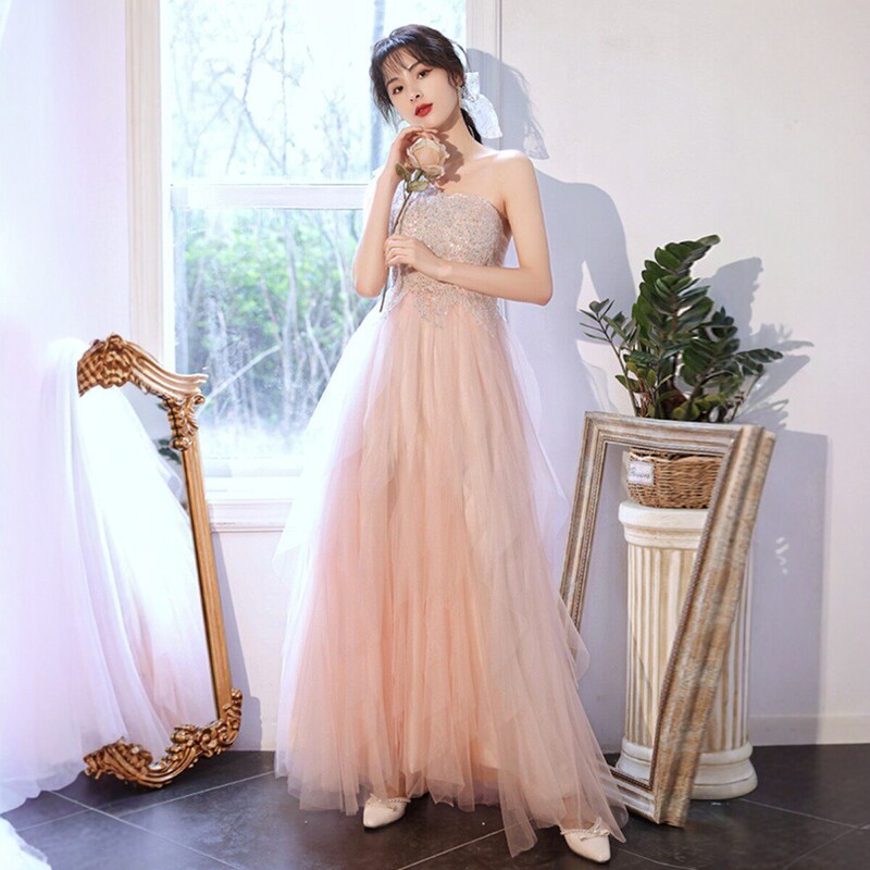 Pink Mesh Evening Dress for Women, High-End, Light Luxury, Elegant, Suitable for Banquet Hosts, Socialites, Long Gown for Coming-Of-Age Ceremony, Ethereal and Flowy