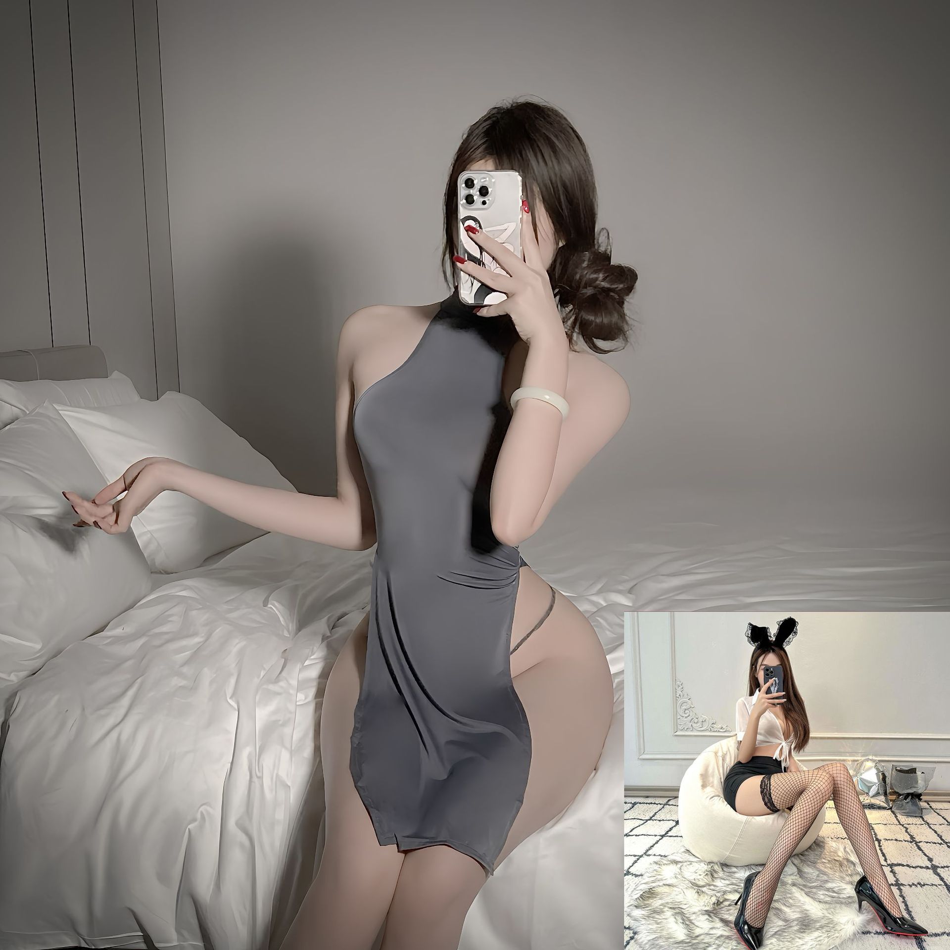 그레이 + 블랙 망사 스타킹