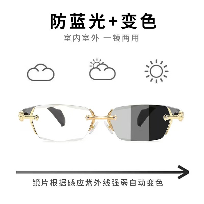 新しいフレームレスビジネス老眼鏡、ダイヤモンドカットエッジ、光変色メガネ、高解像度、男性用ブルーライトカット、目の保護、軽くて豪華なメガネ|undefined