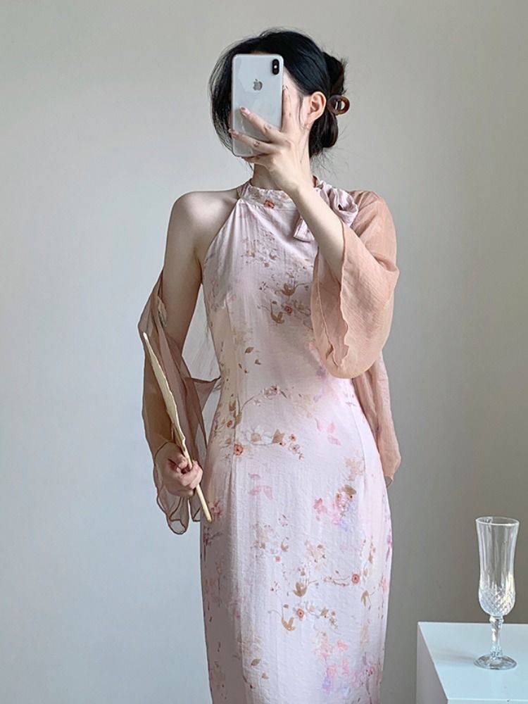 New Chinese Style Improved Pink Cheongsam Long Skirt Women's Summer Retro Chinese Style Halterneck Floral Dress Two-Piece Suit