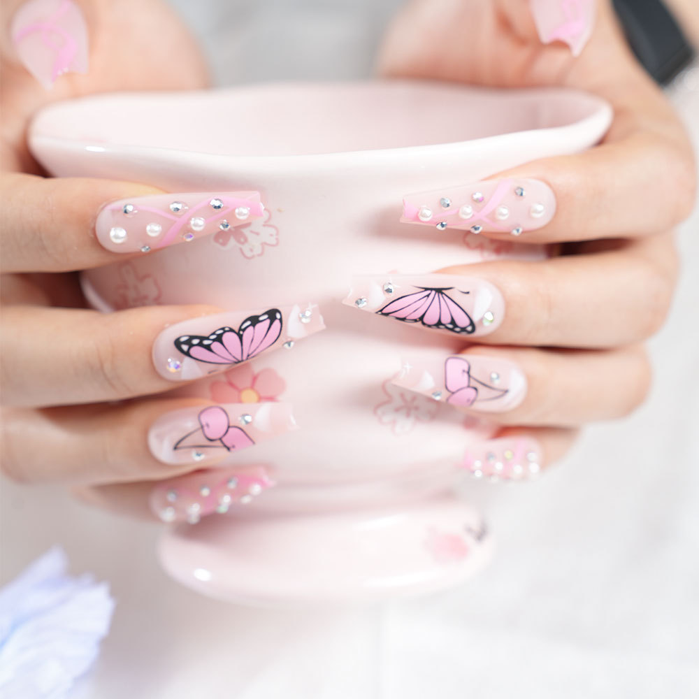 Cute Butterfly Diamond Style Wearable Manicure 24 Pieces Removable Nail Patches Cross-Border Hot Style Dropshipping Wholesale