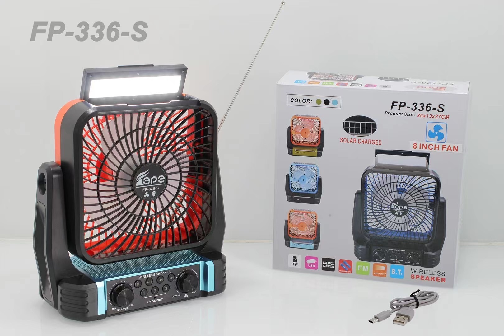 Ventilador solar de escritorio al aire libre altavoz bluetooth radio 3 en 1 LED ventilador de carga sonido bluetooth