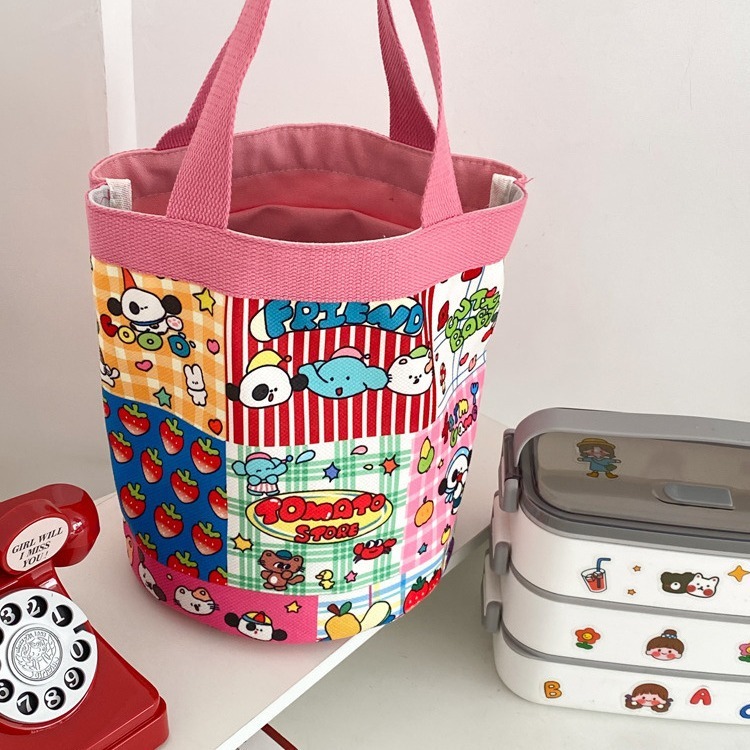 Tomato zoo lunch bag bucket bag cute painter cooperation cartoon student portable cylinder canvas bag