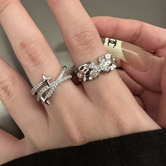 ins冷淡風個性芒星交叉字母鋯石開口戒指女小眾設計感輕奢食指戒