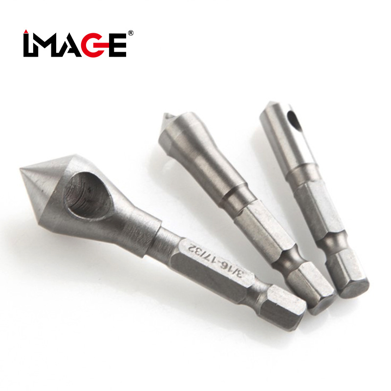 Hex shank metric beveling reamer with internal chip disposal, 3PC beveling reamer, deburring wood boring tool