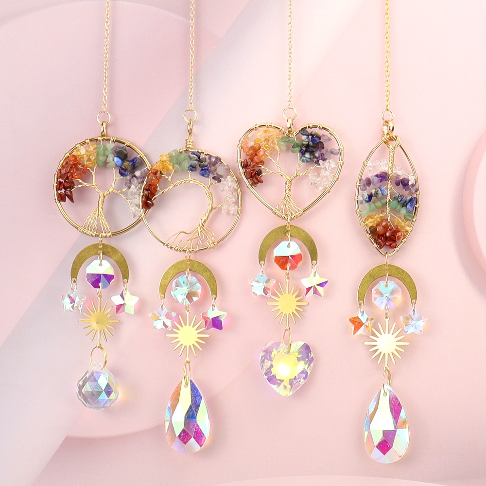 suncatcher Gold Heart-shaped Tree Of Life Sun Rainbow Catcher Hanging Window Decoration T83_voghion.com