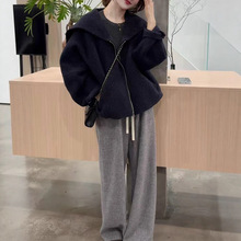 大码女装冬季新款韩版百搭休闲套装简约时髦拉链外套阔腿裤两件套