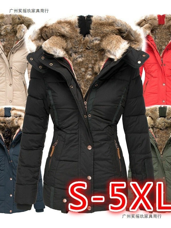 Wish Amazon Winter Warm Fur Collar Cotton Jacket Women's Zipper Long Sleeve Slim Fit Hooded Cotton Coat