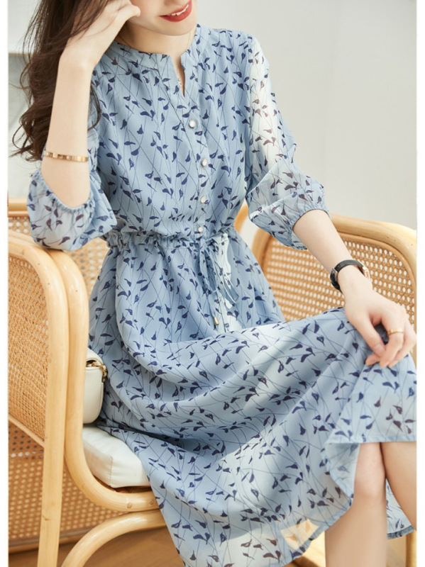 花柄ドレス女性 2025 夏春の新ファッション気質ウエスト痩身シフォンロングスカートシンプルな通勤|undefined
