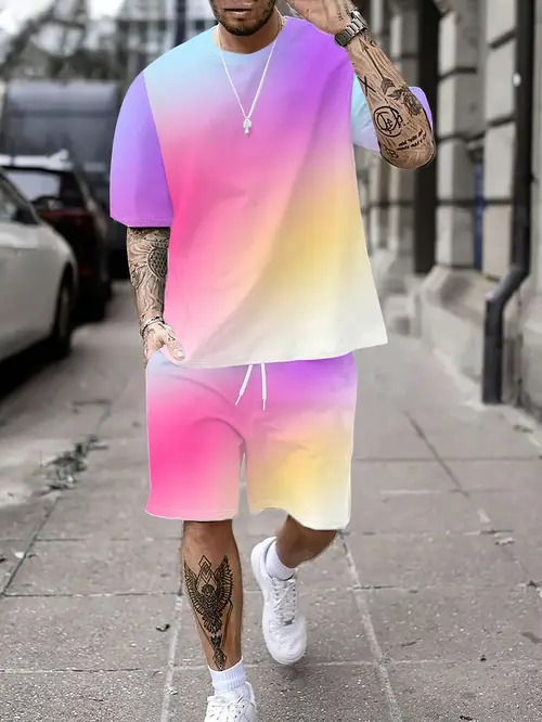 Cross-border 2025 nuevo estilo Amazon europeo y americano degradado de color manga corta cuello redondo camiseta pantalones cortos traje ME5 MA04