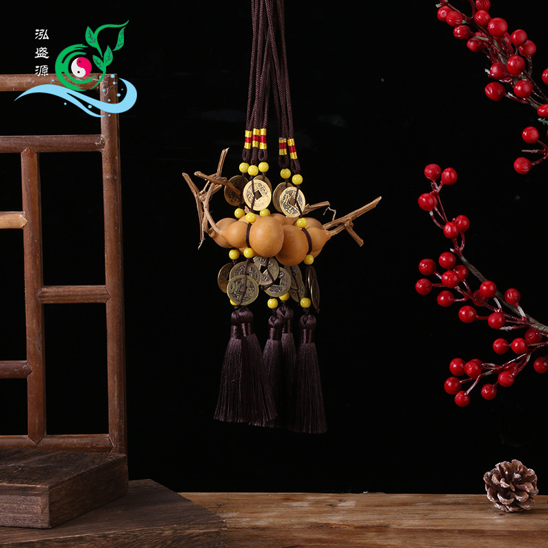 Car ornament natural gourd pendant with tassel, copper coin hand-held craft small gourd decoration Three Emperor Coin pendant