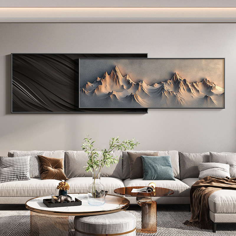 背有靠山客厅装饰画轻奢浮雕立体山水挂画抽象沙发背景墙叠加壁画