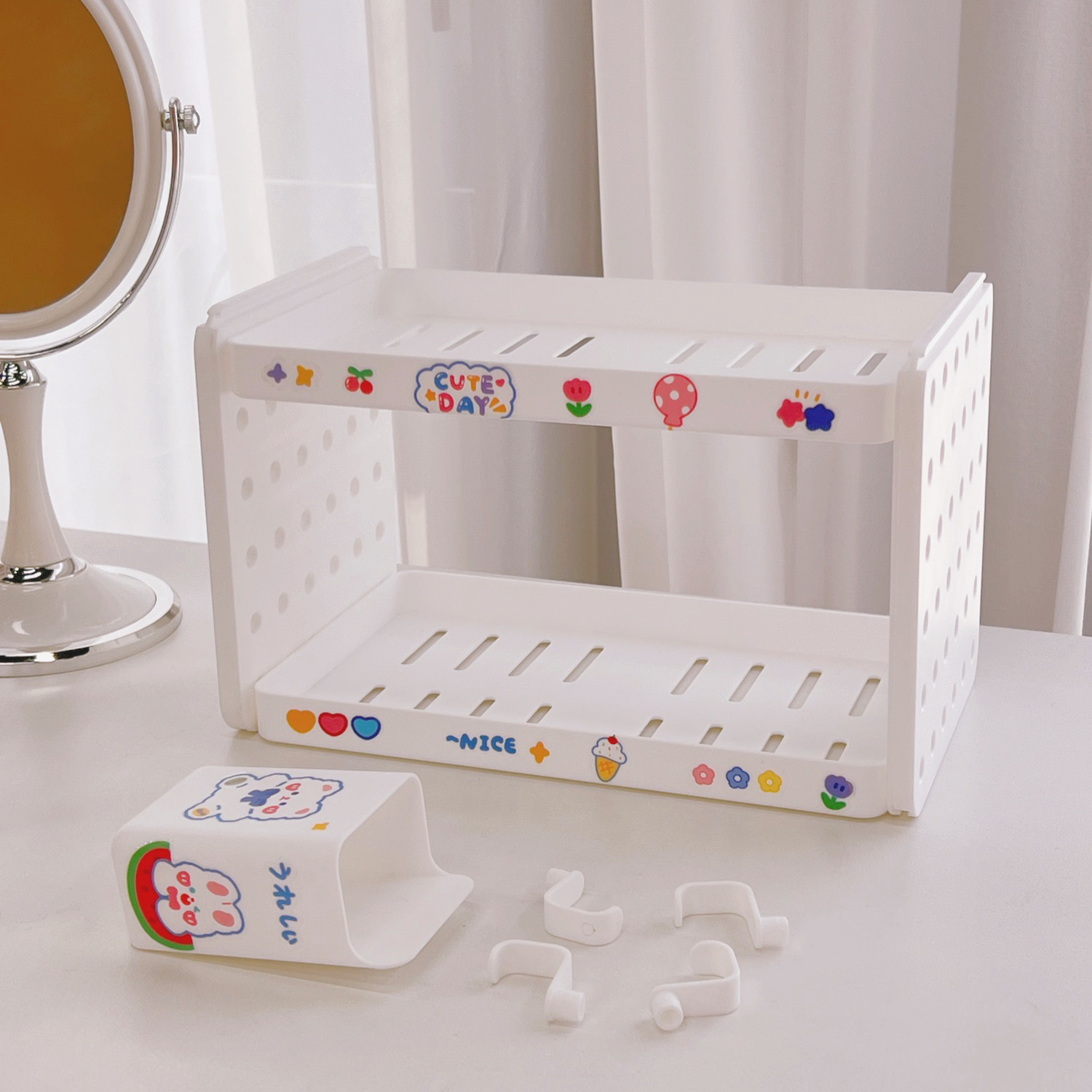 5#Blanco hueso, dos niveles (cubo + 3 ganchos + stickers de regalo)