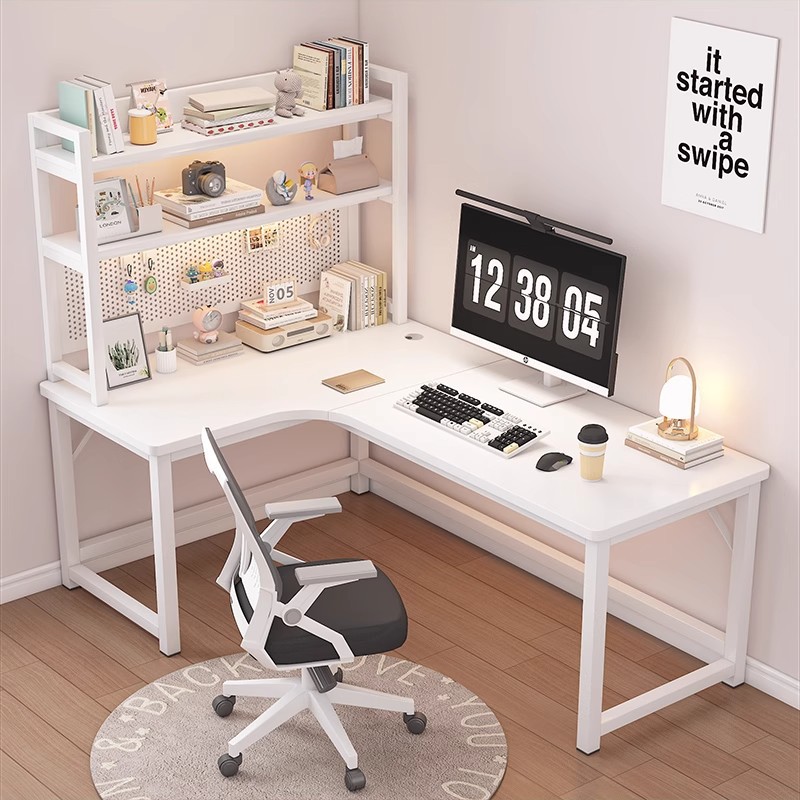 Escritorio de esquina de estilo crema, escritorio de aprendizaje para el hogar, estantería, escritorio de una pieza, tablero de agujero de esquina, escritorio de computadora de escritorio simple