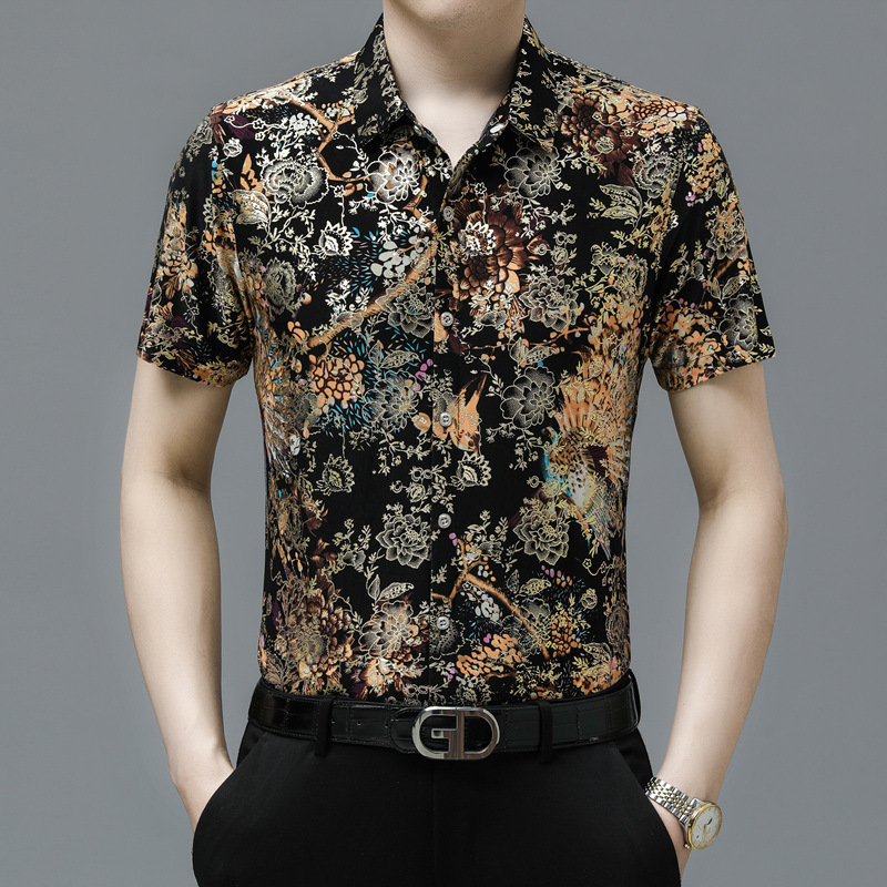 2024 Ice Silk Short Sleeve Shirt Men's Middle-Aged Dad Summer Clothes Middle-Aged and Elderly Bronzing Casual Floral Shirt Father's Day