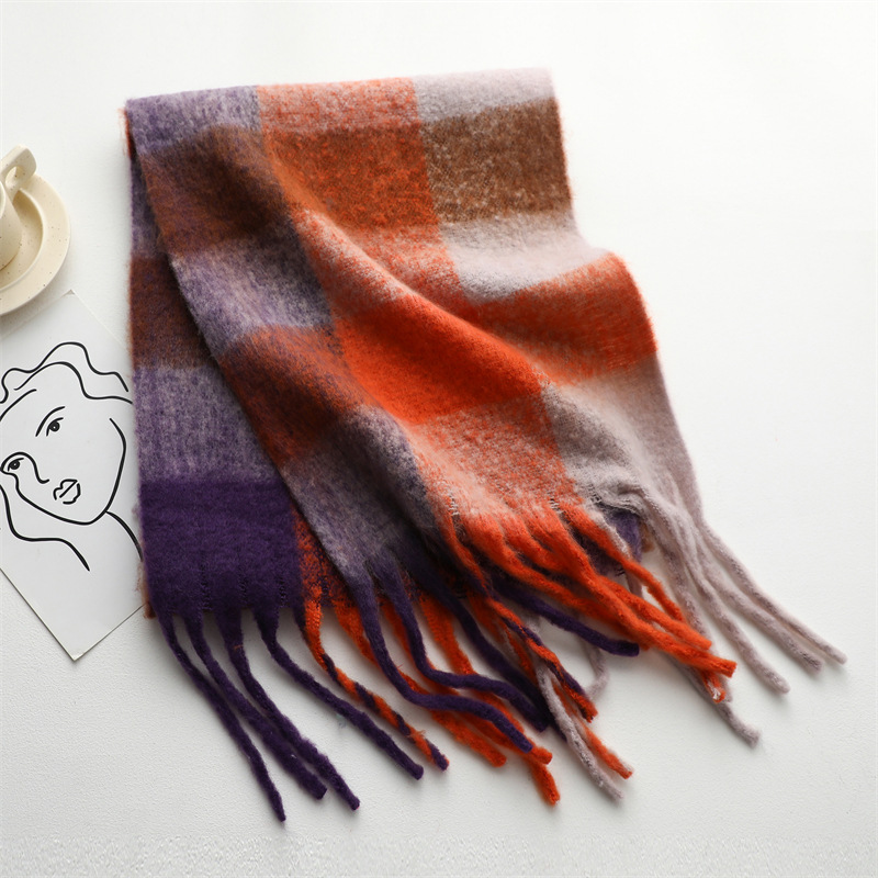 Sciarpa da donna alla moda invernale imitazione cashmere filato ad anello addensato calore scialle arcobaleno pannello scozzese nappe_voghion.com