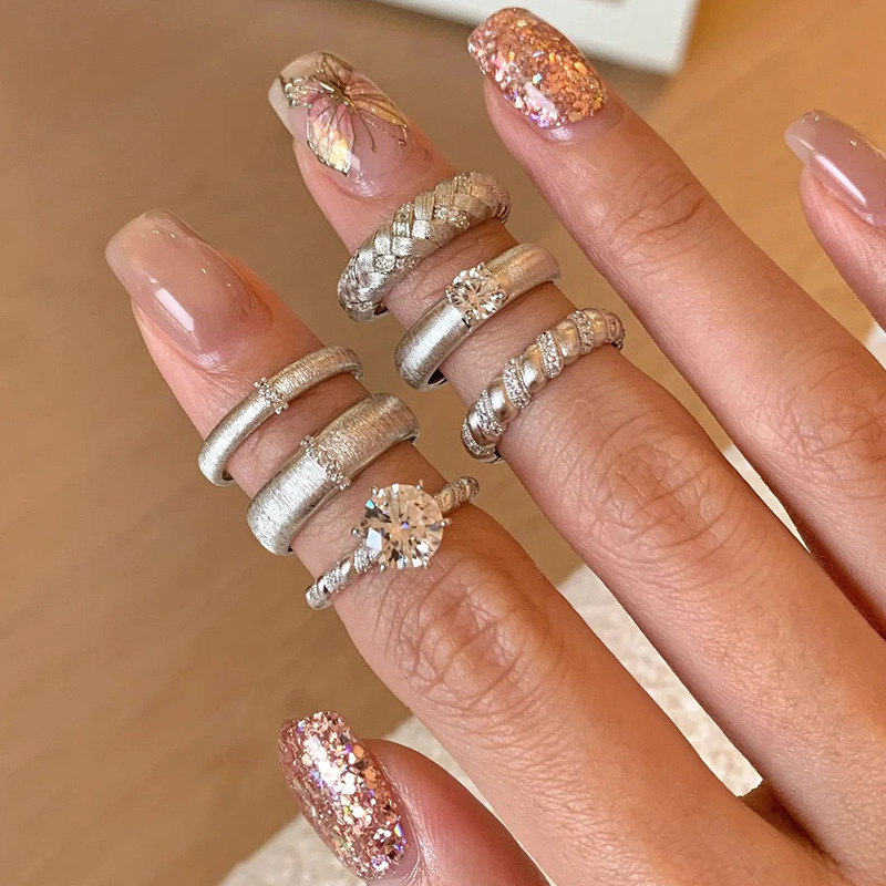 mid-ancient brushed zircon pearl ring female opening simple bracelet twin niche high-grade light luxury couple couple rings wholesale