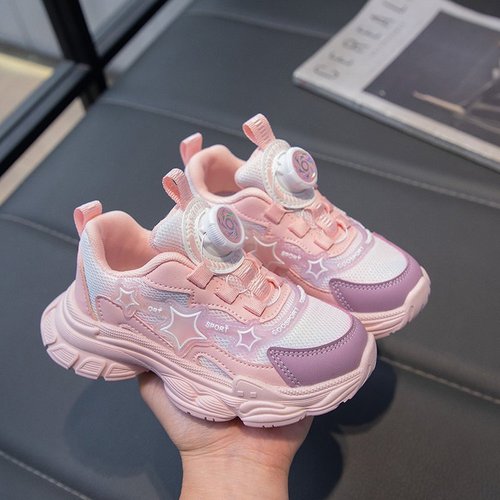 Children's Sports Shoes 2024 Spring and Autumn New Girls' Glowing Lights Rotating Button Dad's Shoes Little Girls' Running Shoes