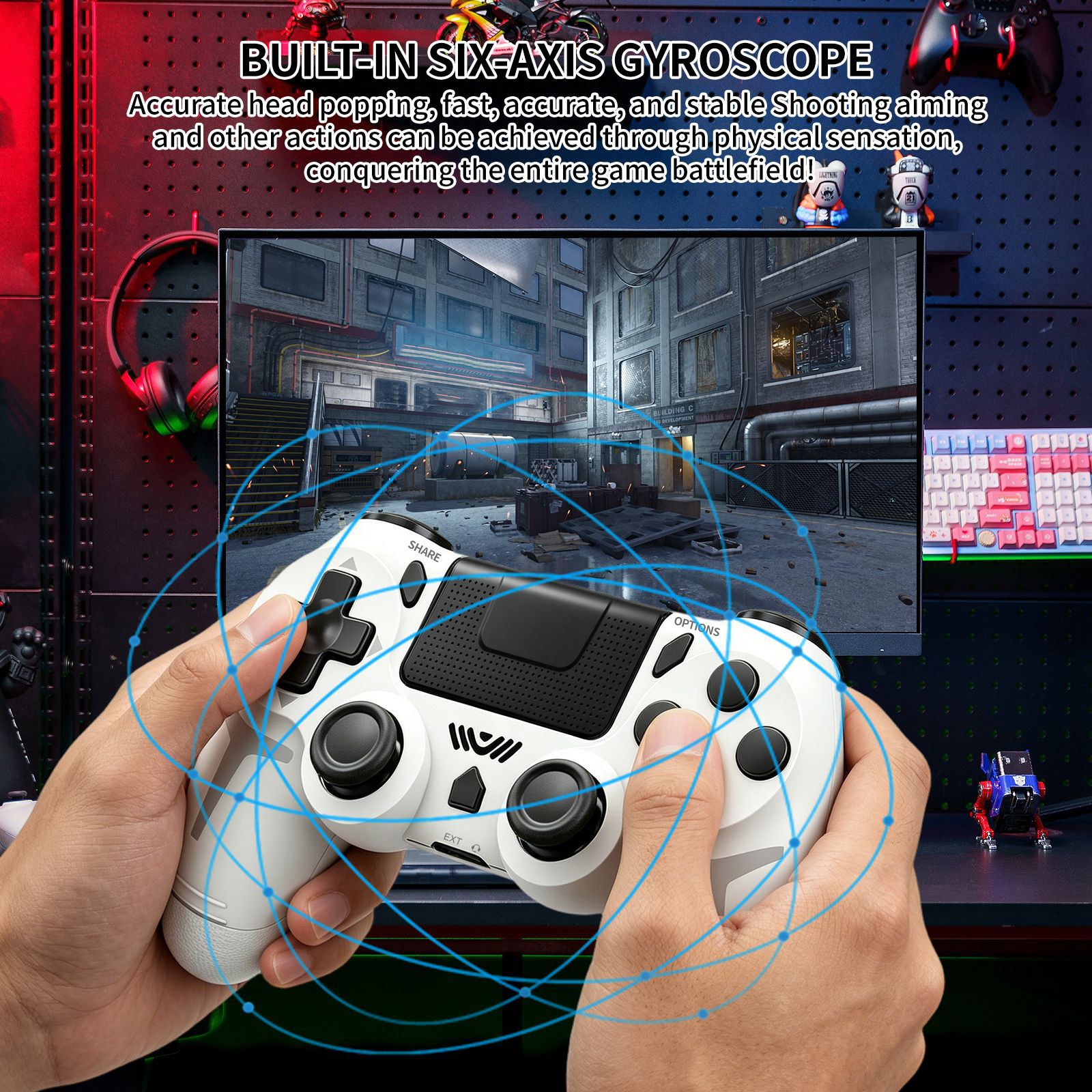 Control inalámbrico Bluetooth para videojuegos PS4 de ABS con doble vibración, giroscopio de seis ejes para PS4 y PC Steam
