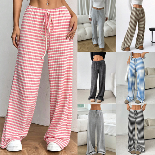 Women's Autumn/Winter 2025 European Casual Striped Solid Color Elastic Rope Cotton Straight Leg Pants