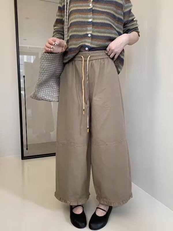 高端抽绳系带花边西装阔腿裤女欧洲站25早秋新款欧货女装休闲裤子|undefined