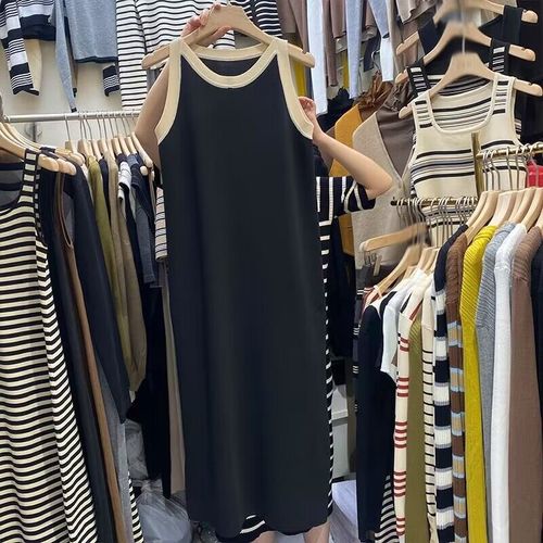 Spring New French Sleeveless Elegant Slimming Long Dress for Petite Women Striped Cut-out Needle Back V Neck Dress