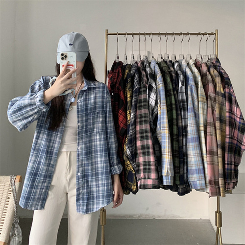 Cross-border French-style sweet girl blue checkered loose long-sleeved shirt women's middle-long length sun protection outerwear fashion