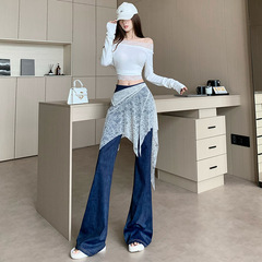 复古蕾丝屁帘喇叭天丝牛仔裤女早秋新款时尚百搭修身显瘦微喇长裤